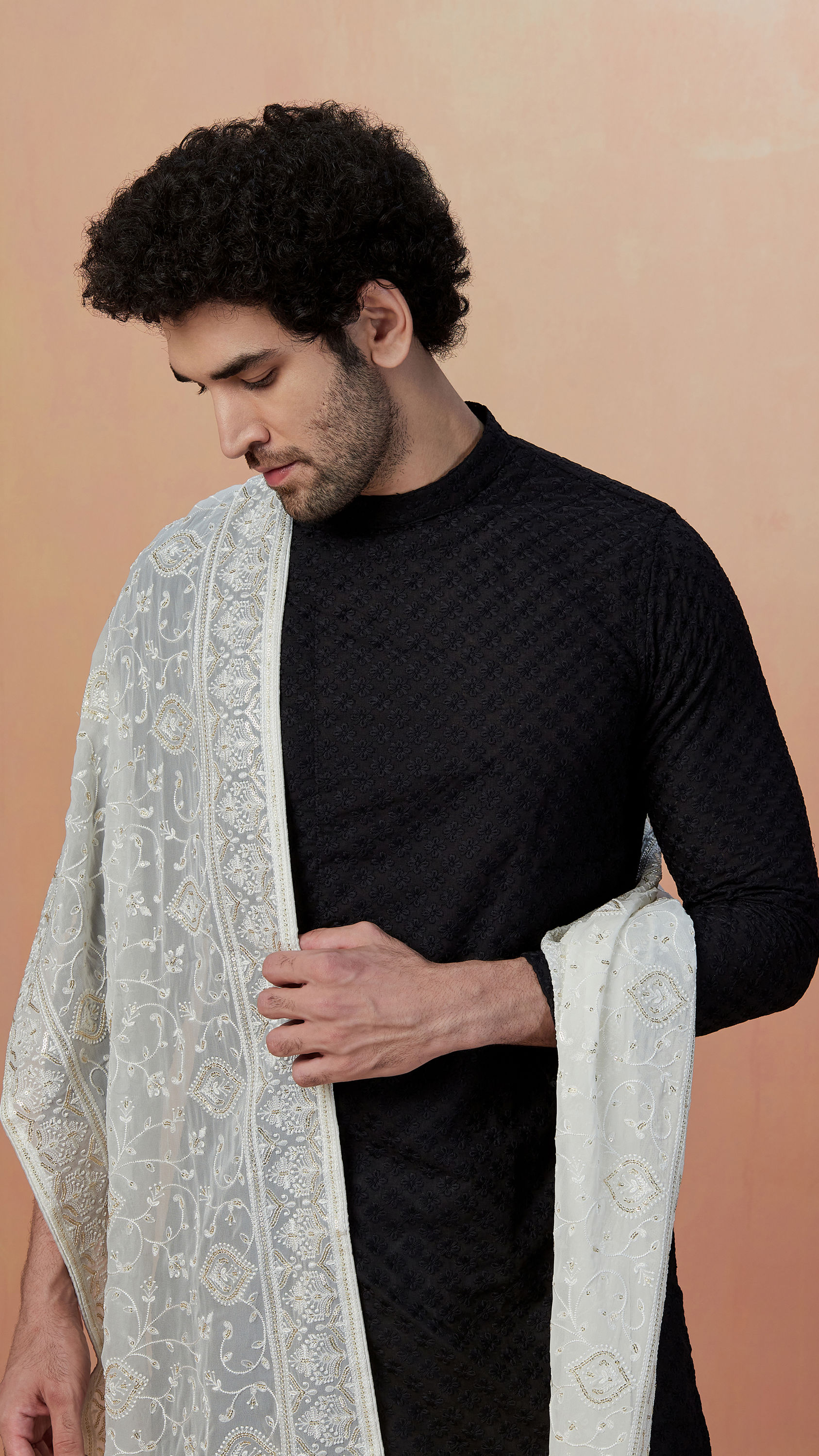 Manyavar Men Black Chikankari Embroidered Kurta Pajama