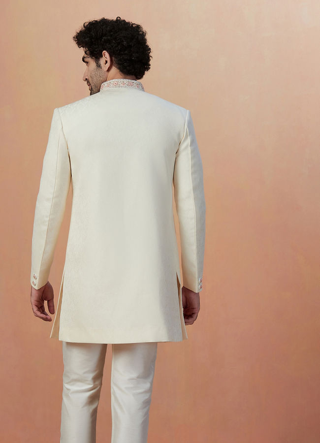 alt message - Manyavar Men Sea Shell White Self Design Indo Western image number 3