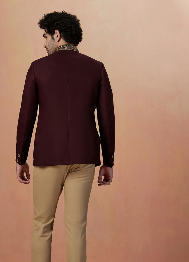 Manyavar Men Wine Self Design Bandhagala Indo Western