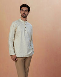 Manyavar Men Cream Floral Printed Short Kurta