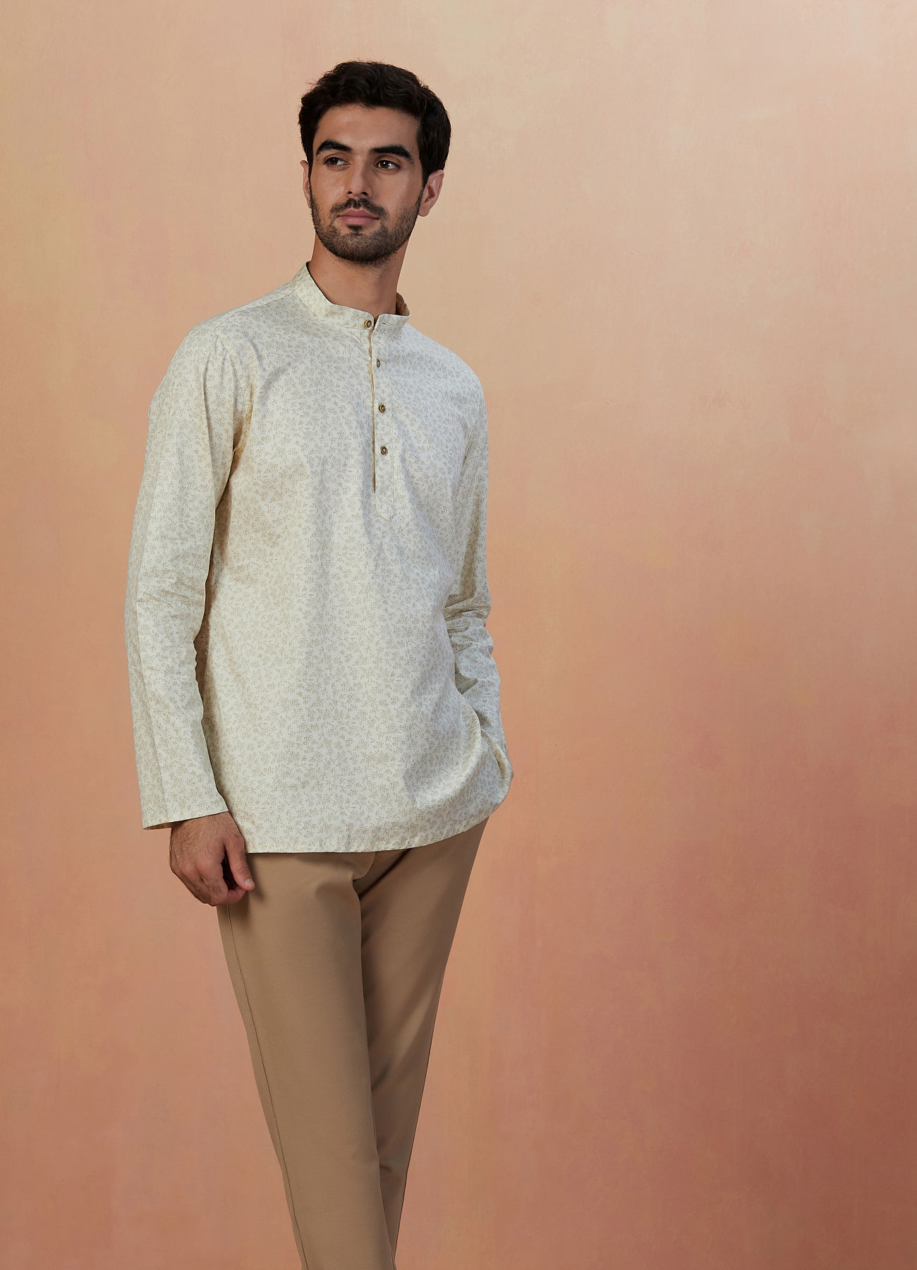 Manyavar Men Cream Floral Printed Short Kurta