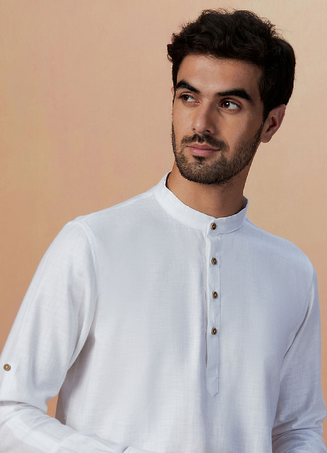 alt message - Manyavar Men White Plain Short Kurta image number 0