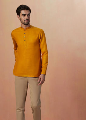 alt message - Manyavar Men Mustard Yellow Plain Short Kurta image number 1