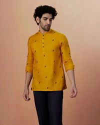 alt message - Manyavar Men Mustard Yellow Embroidered Short Kurta image number 1