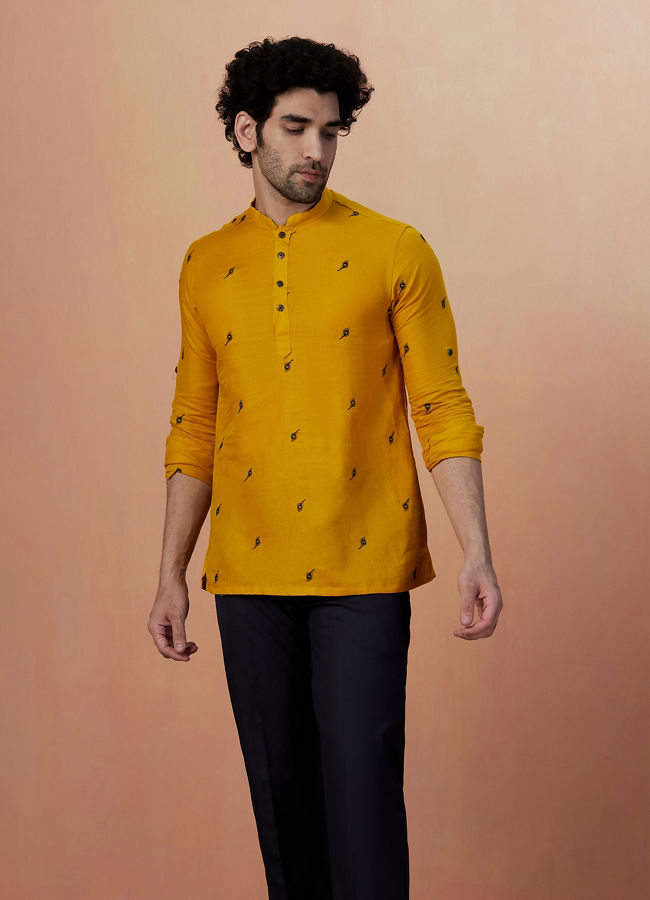 alt message - Manyavar Men Mustard Yellow Embroidered Short Kurta image number 1