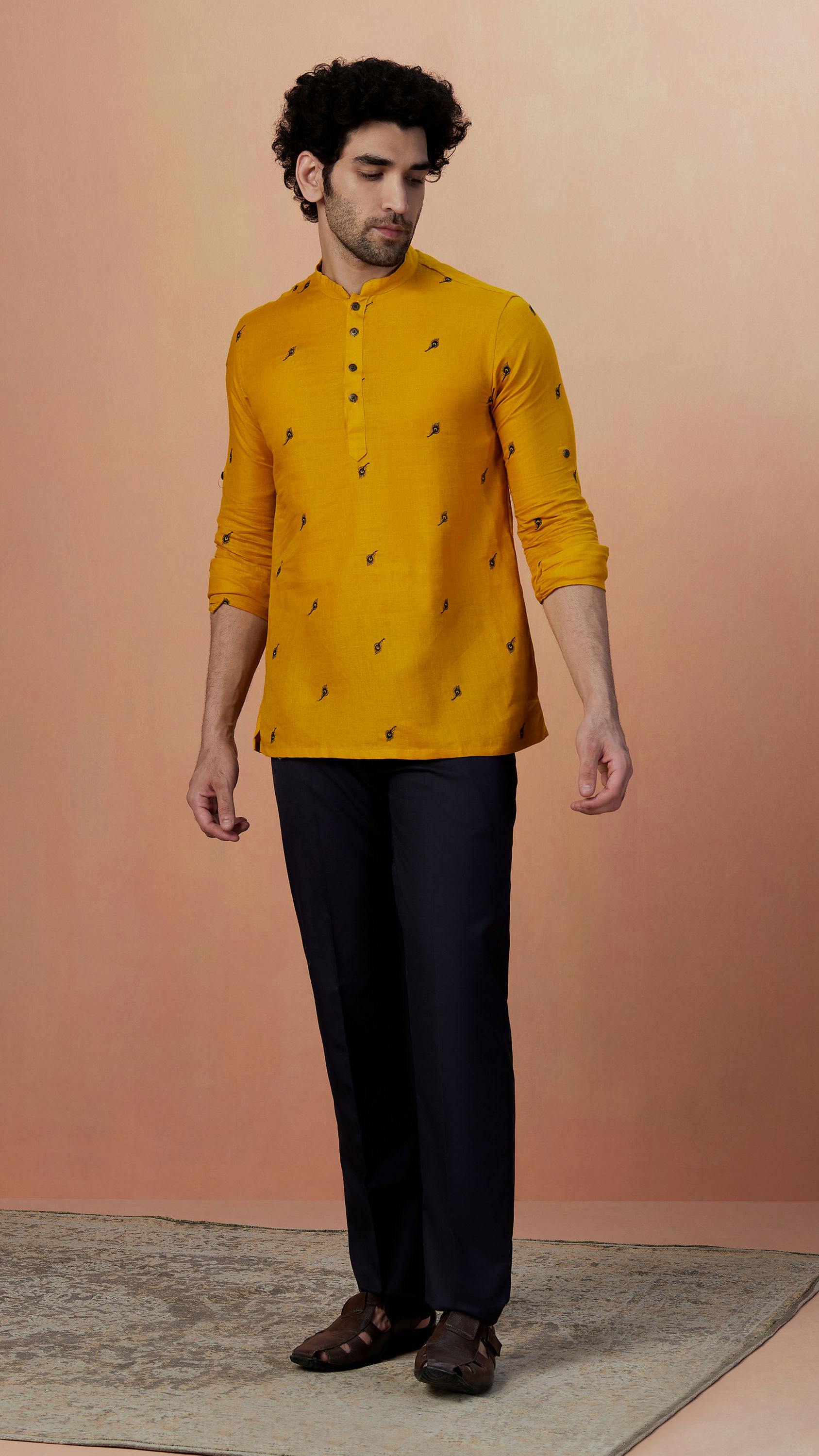 Manyavar Men Mustard Yellow Embroidered Short Kurta