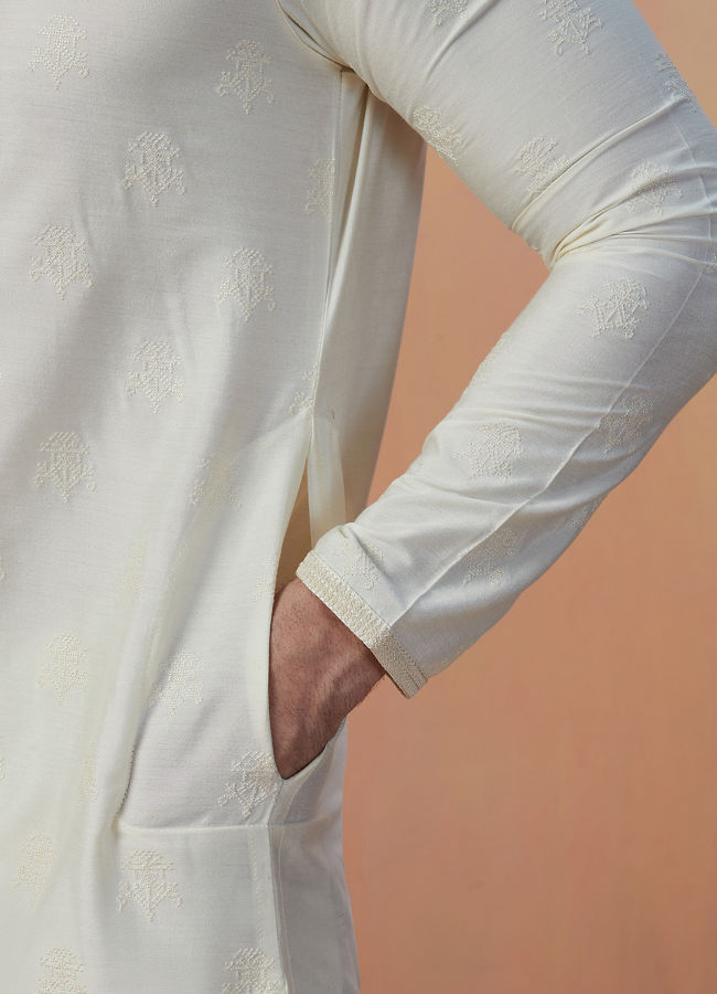 Manyavar Men White Self Design Kurta Pajama