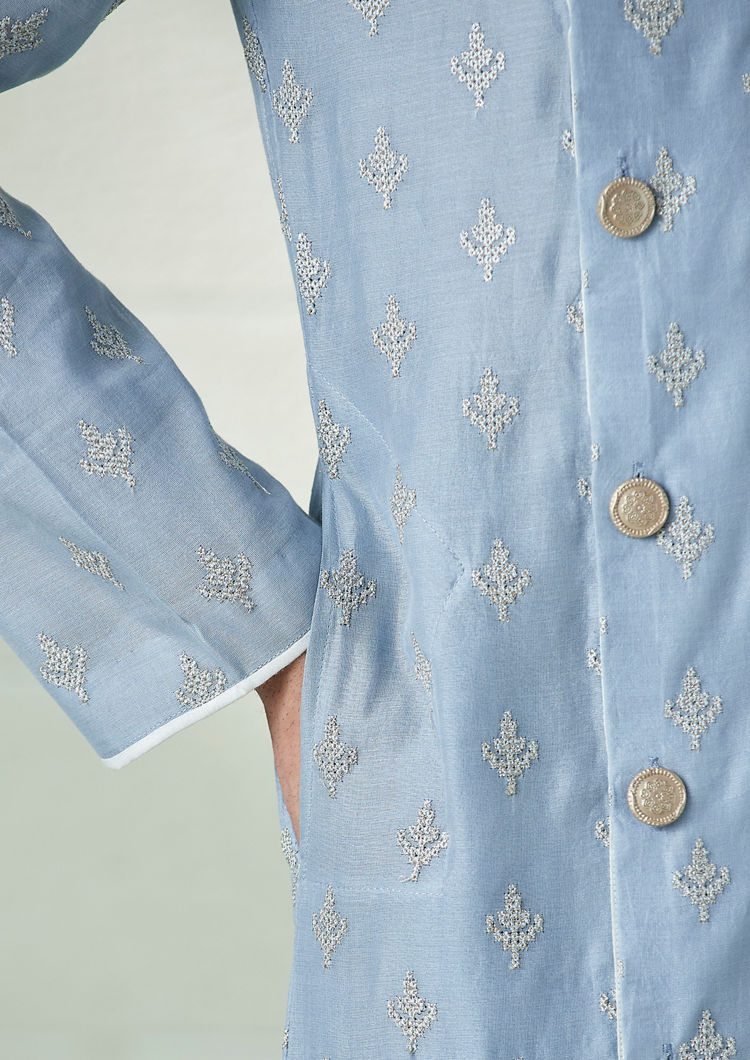 Twamev Men Frost Blue Angrakha Style Kurta Set image number 2