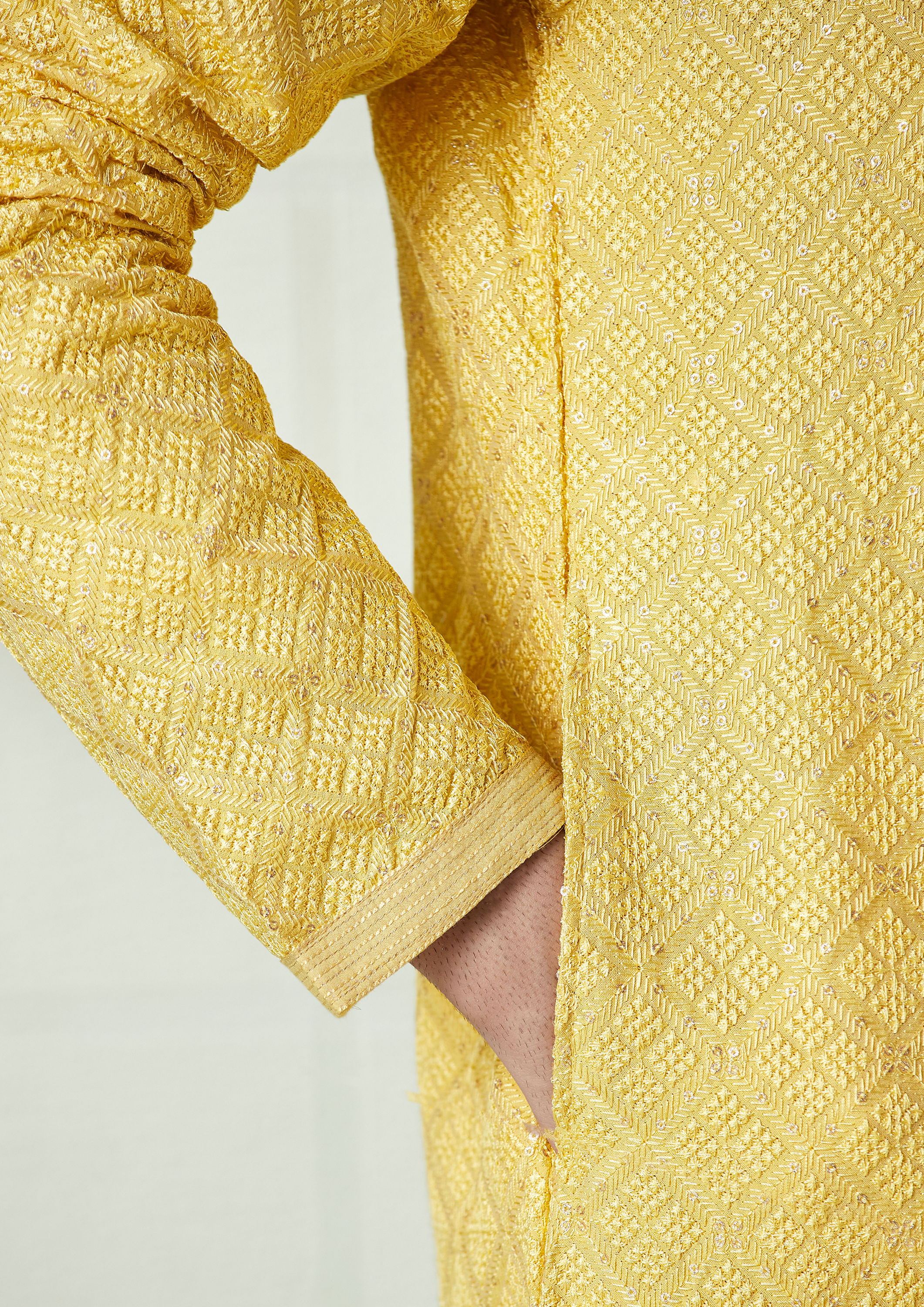 Twamev Men Daffodil Yellow Patterned Kurta Set
