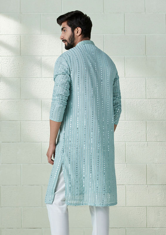 Twamev Men Powder Blue Foil Work Kurta Set