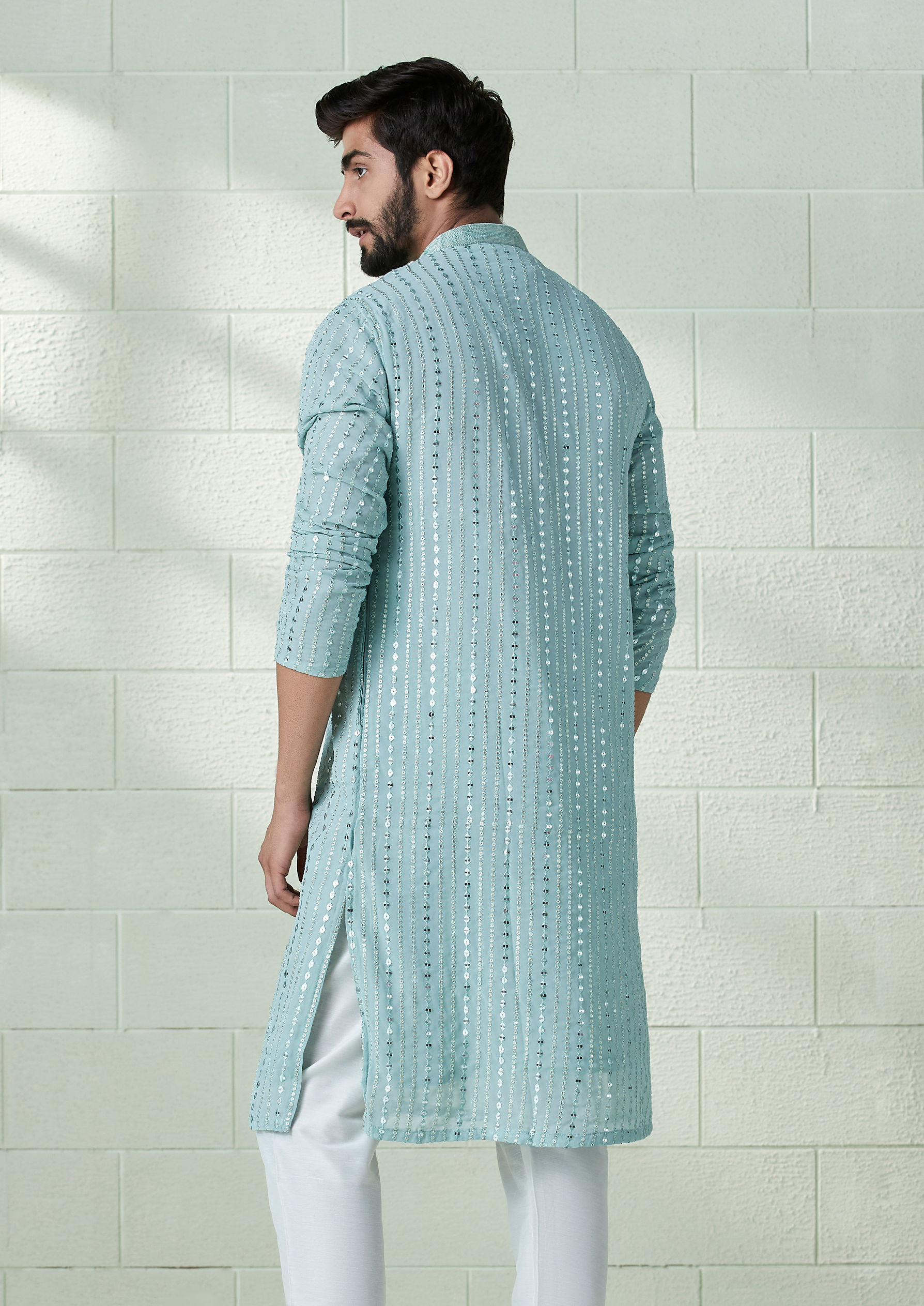Twamev Men Powder Blue Foil Work Kurta Set
