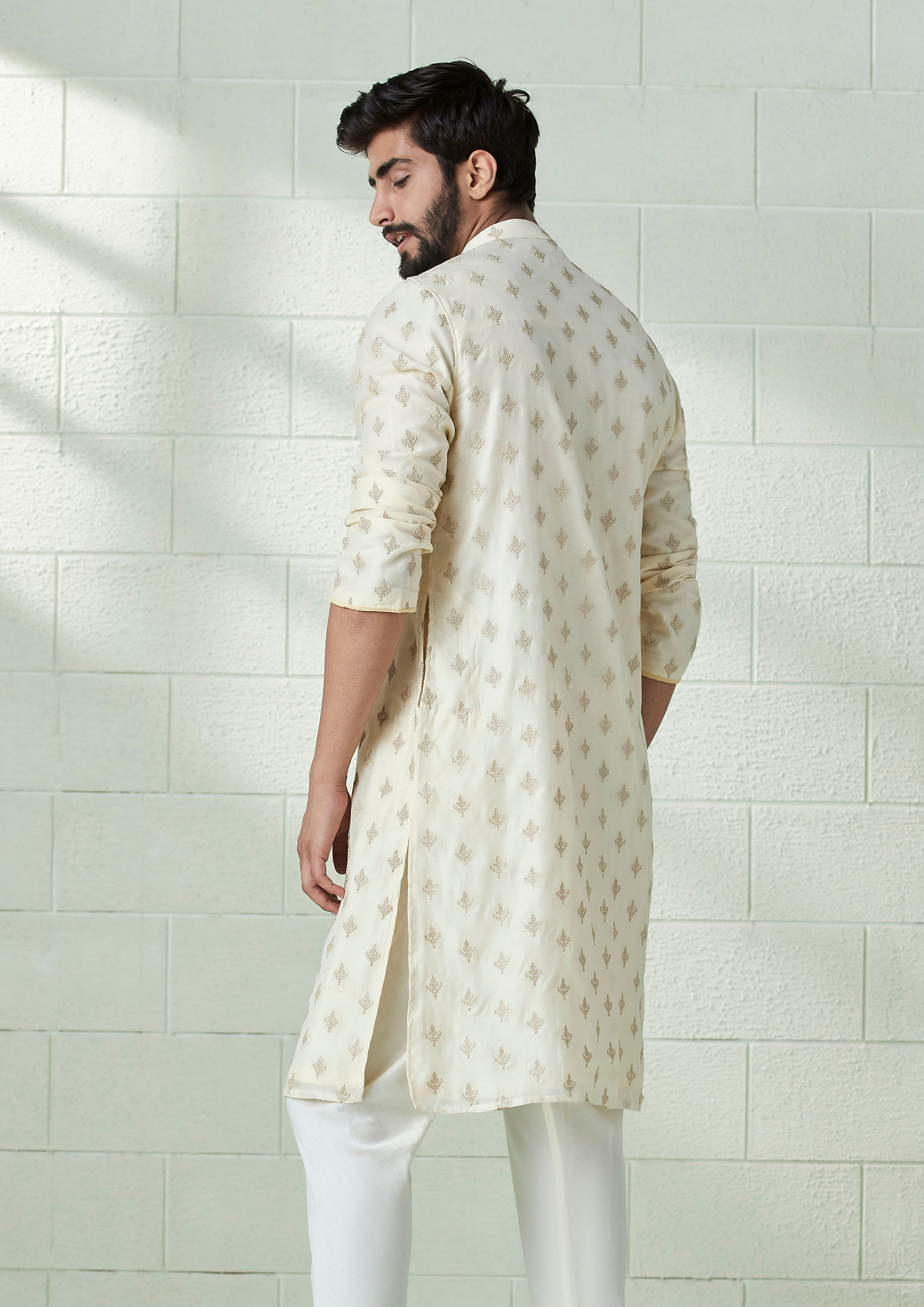 Twamev Men Cream and Biscuit Beige Angrakha Style Kurta Set