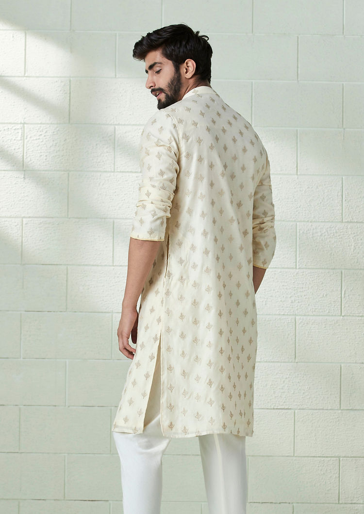 Twamev Men Cream and Biscuit Beige Angrakha Style Kurta Set image number 3