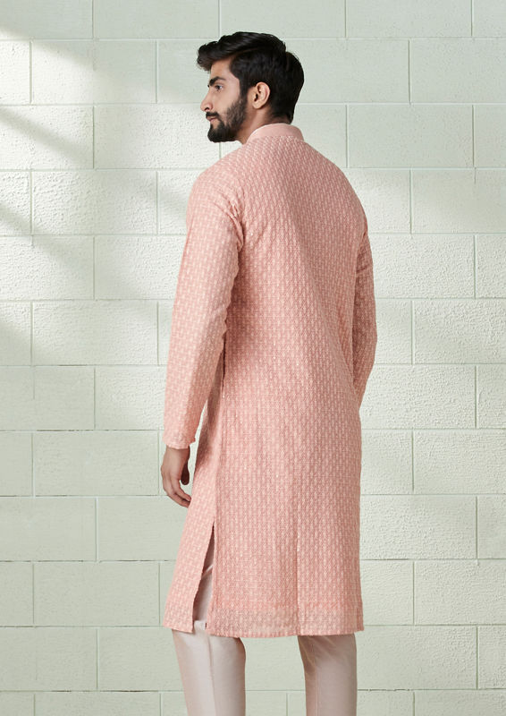 Twamev Men Melon Pink Chikankari Embroidered Kurta Set image number 2