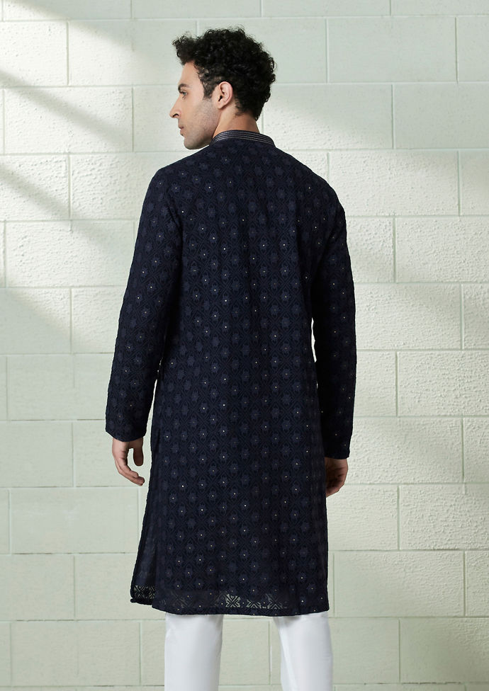 Twamev Men Midnight Blue Chikankari Embroidered Kurta Set