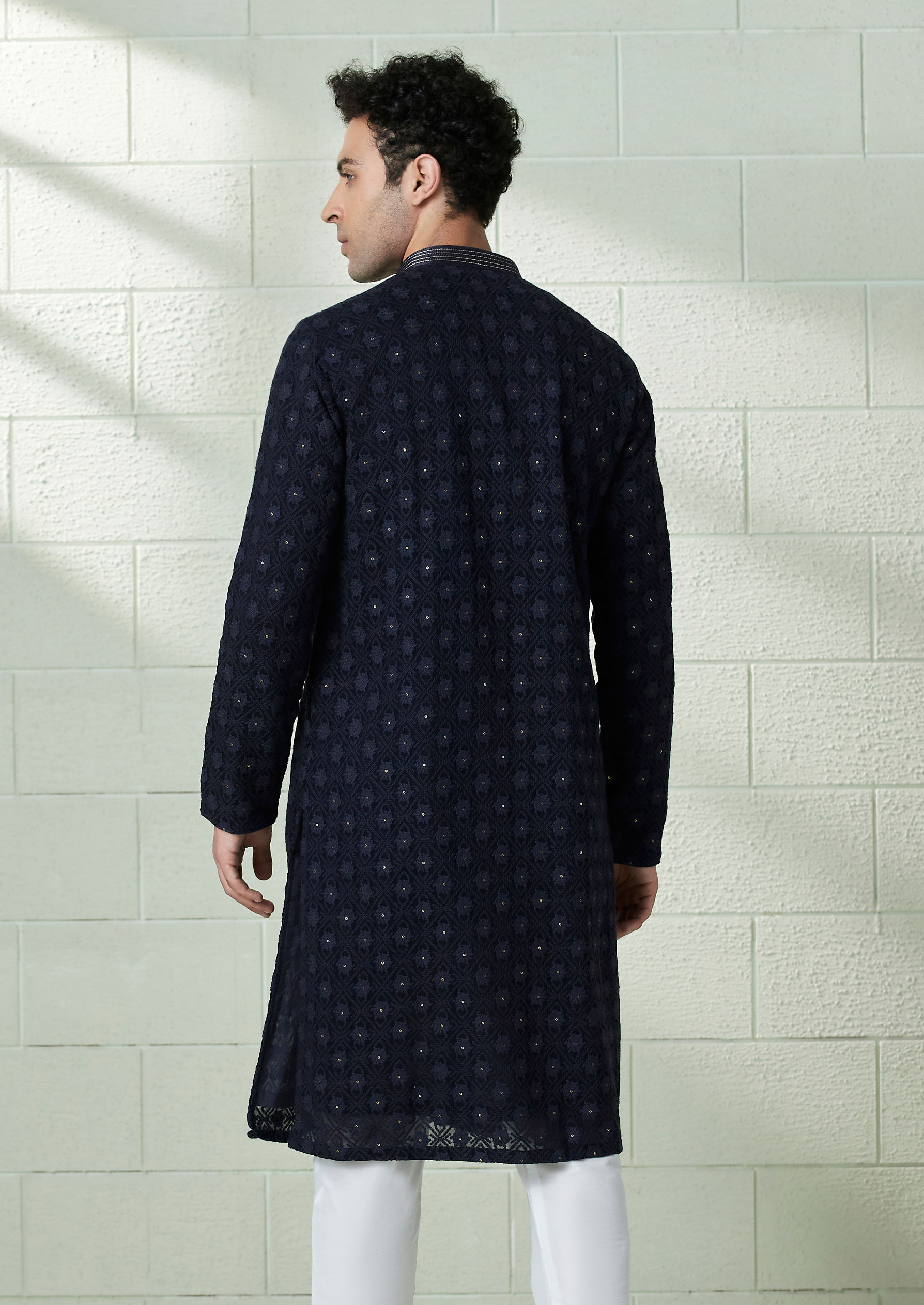 Twamev Men Midnight Blue Chikankari Embroidered Kurta Set image number 2