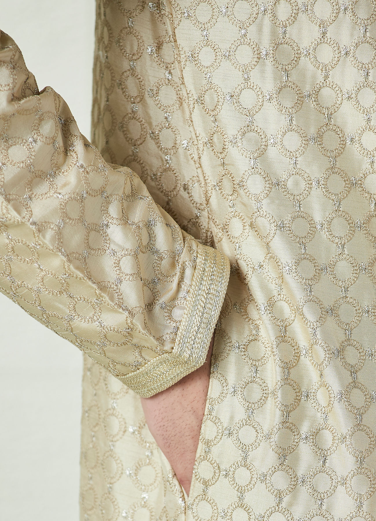 Twamev Men Biscuit Gold Self Patterned Kurta Set