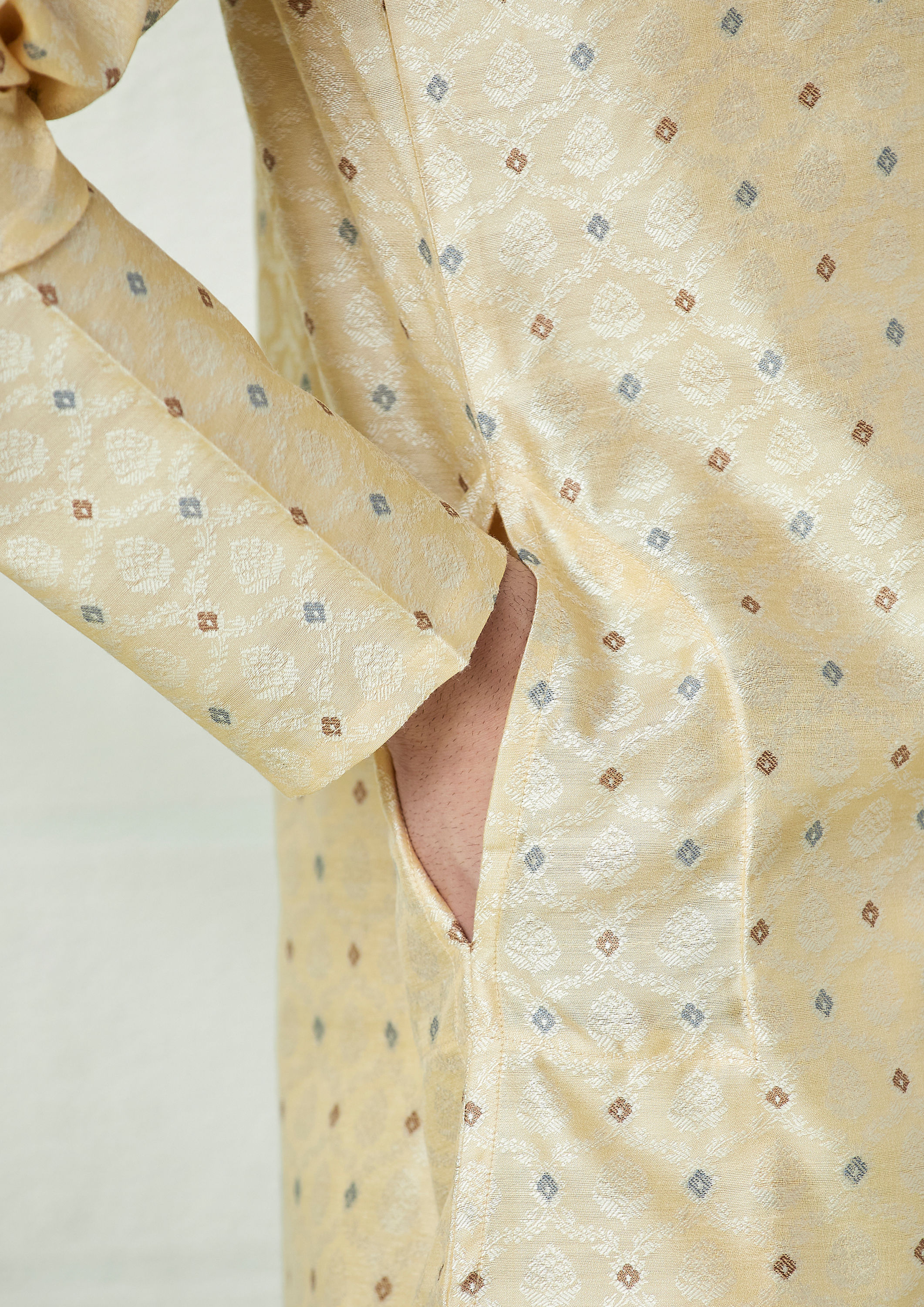 Twamev Men Buttermilk Yellow Brocade Kurta Set