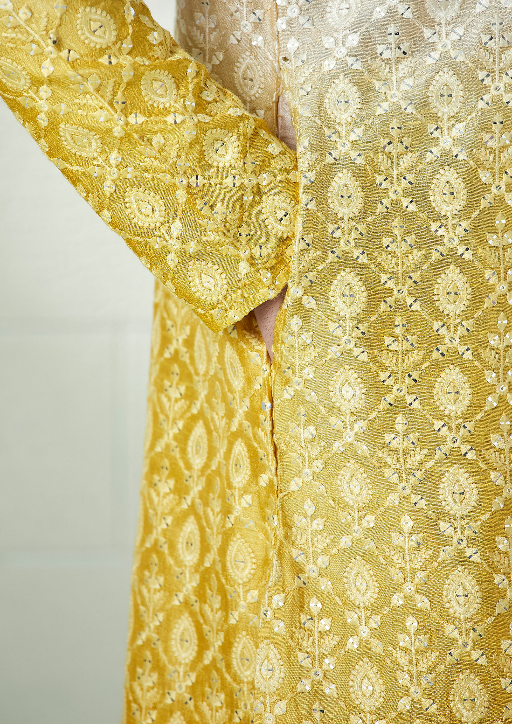 Twamev Men Beige and Yellow Ombre Effect Mirror Work Kurta Set