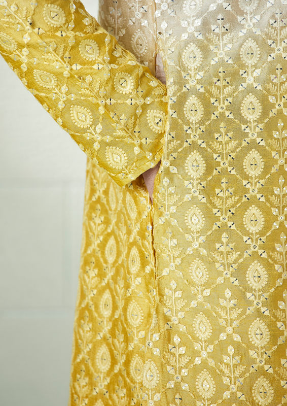 Twamev Men Beige and Yellow Ombre Effect Mirror Work Kurta Set