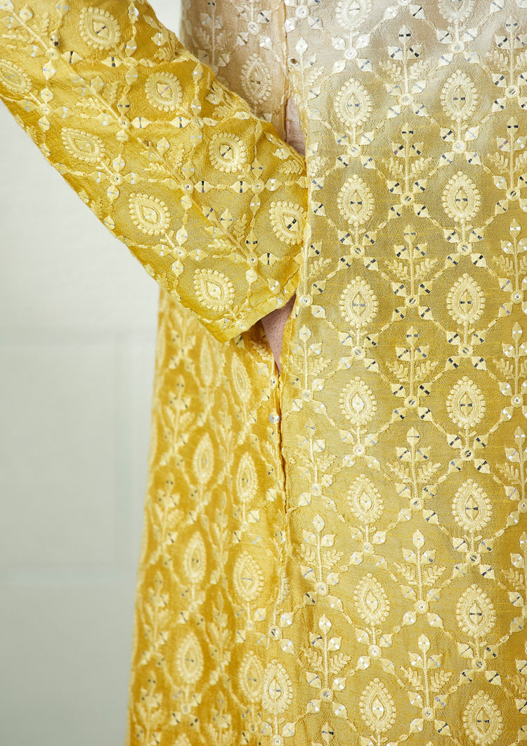 Twamev Men Beige and Yellow Ombre Effect Mirror Work Kurta Set