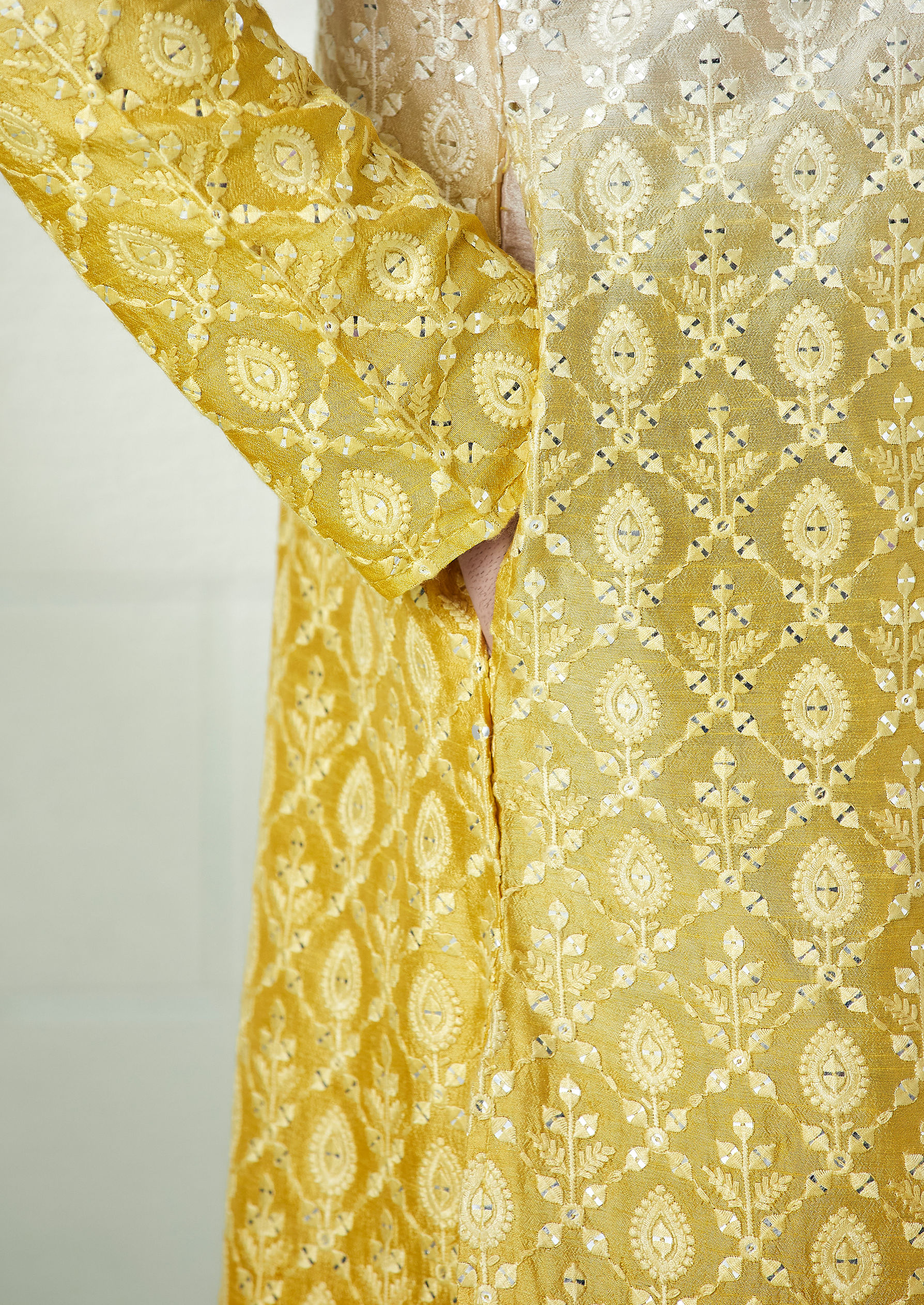 Twamev Men Beige and Yellow Ombre Effect Mirror Work Kurta Set