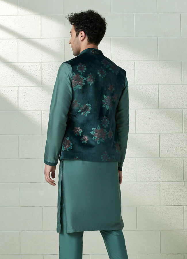 Manyavar Men Moss Green Printed Kurta Jacket Set