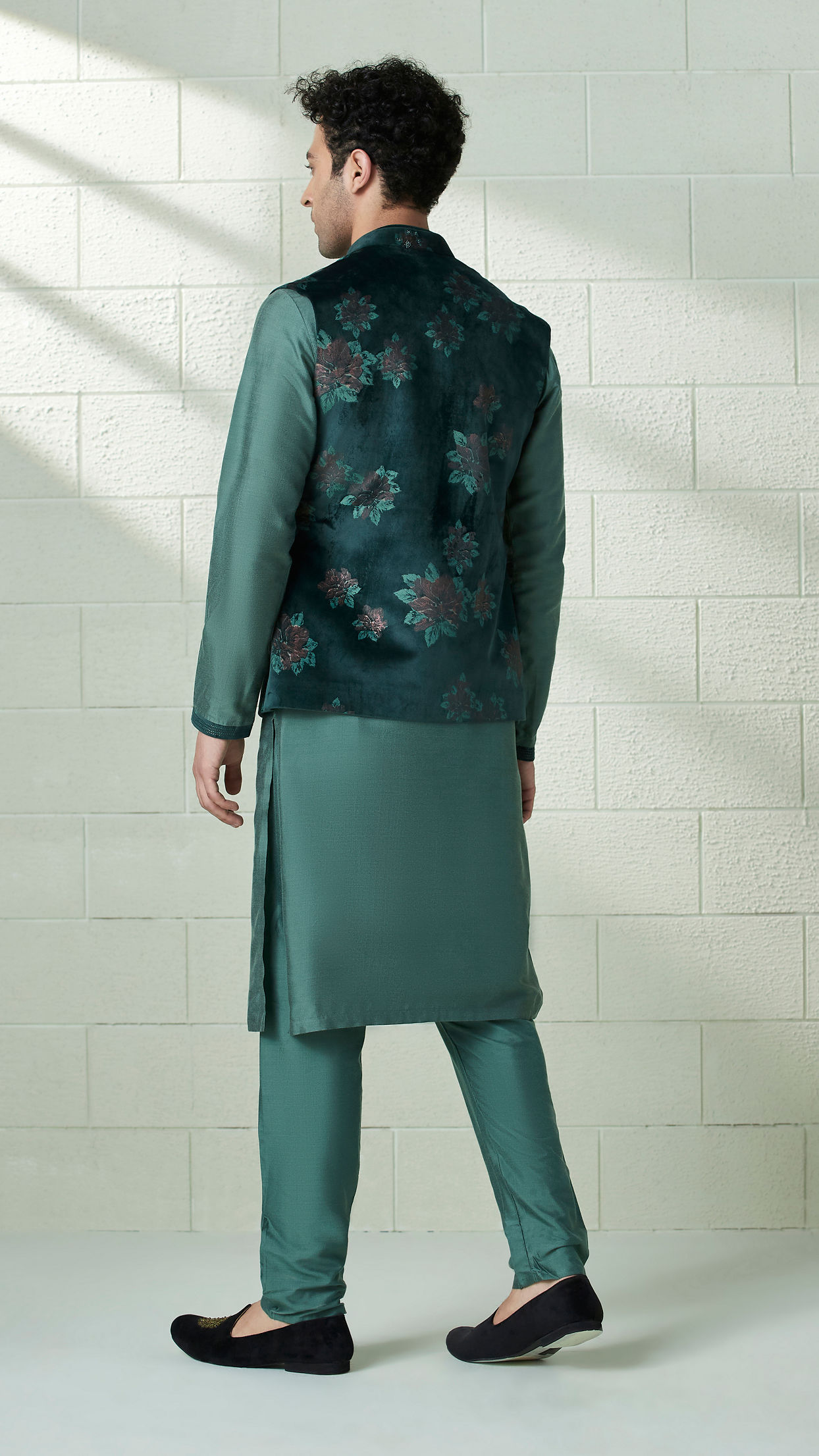Manyavar Men Moss Green Printed Kurta Jacket Set
