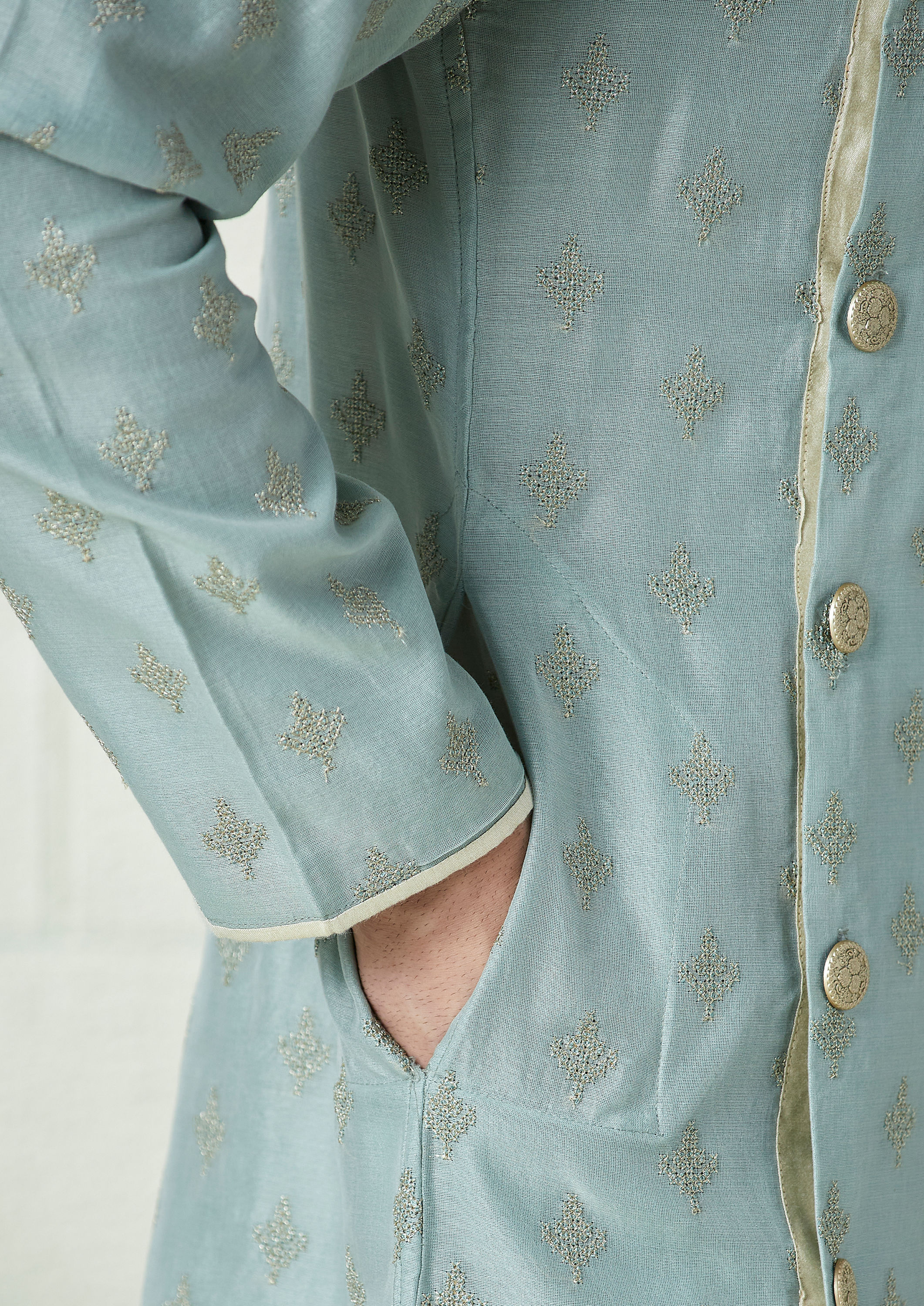 Twamev Men Light Teal Angrakha Style Kurta Set