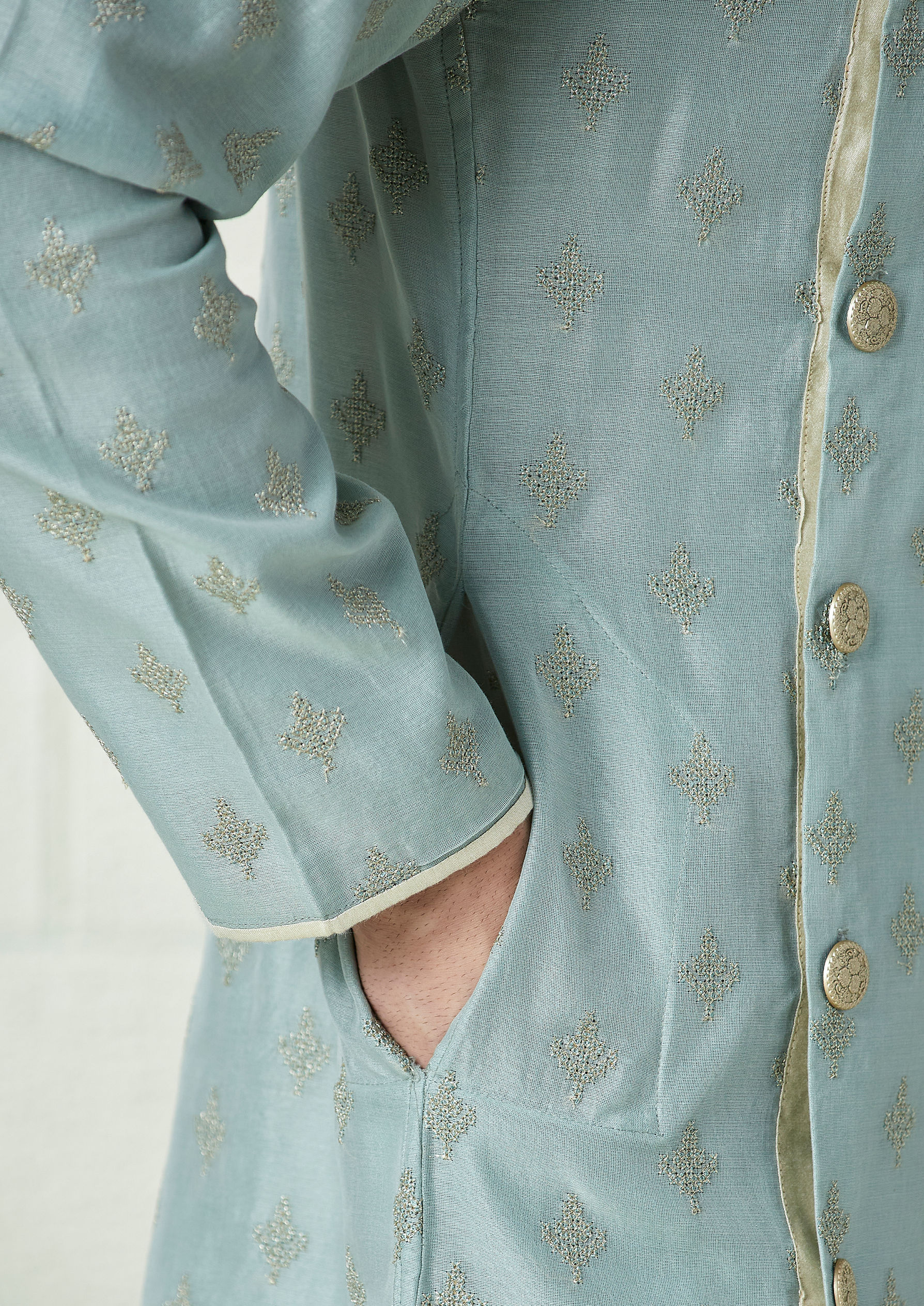 Twamev Men Light Teal Angrakha Style Kurta Set