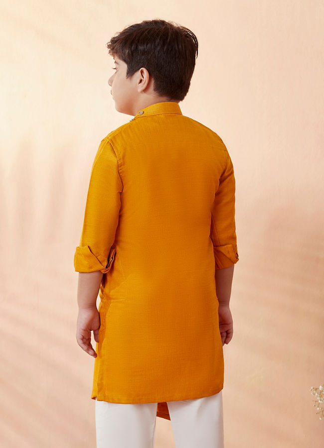 alt message - Manyavar Boys Boys Mustard Orange Plain Kurta Set image number 2