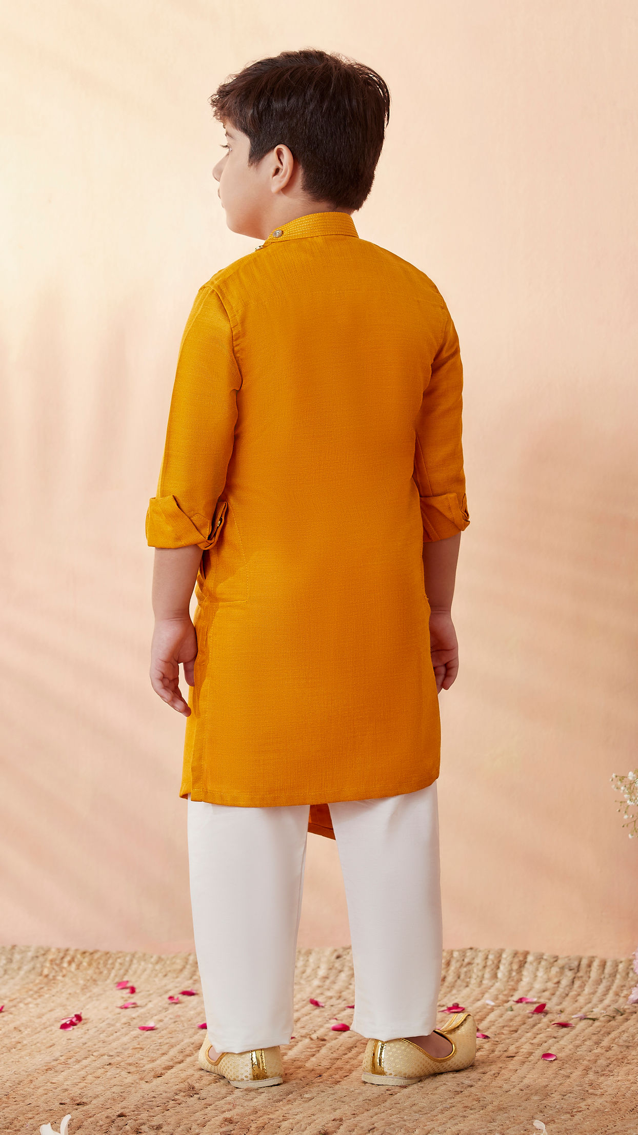 alt message - Manyavar Boys Boys Mustard Orange Plain Kurta Set image number 2