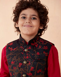 Manyavar Boys Boys Red And Blue Draped Kurta Jacket Set