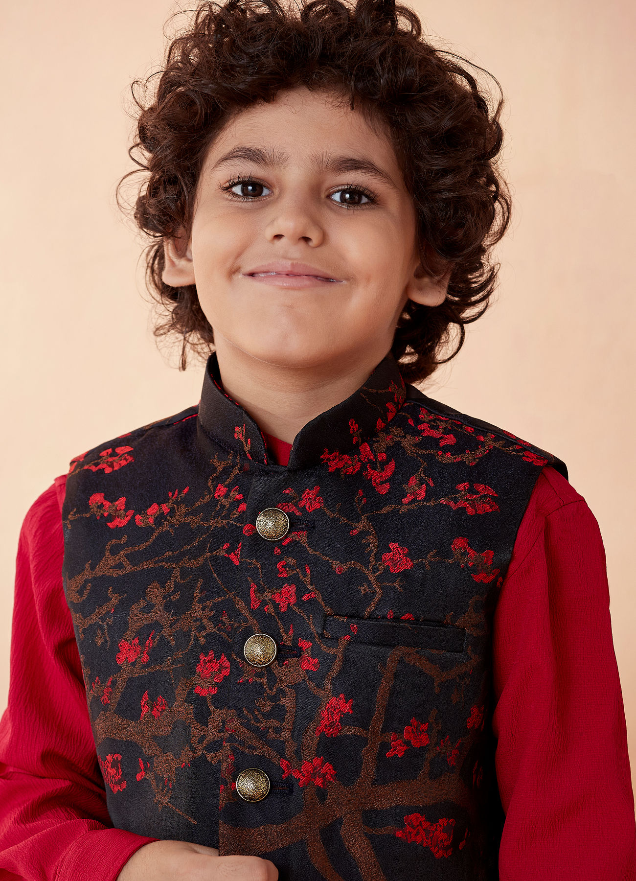 Manyavar Boys Boys Red And Blue Draped Kurta Jacket Set