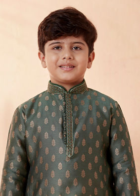 Boys Bottle Green Self Motif Kurta Set image number 0