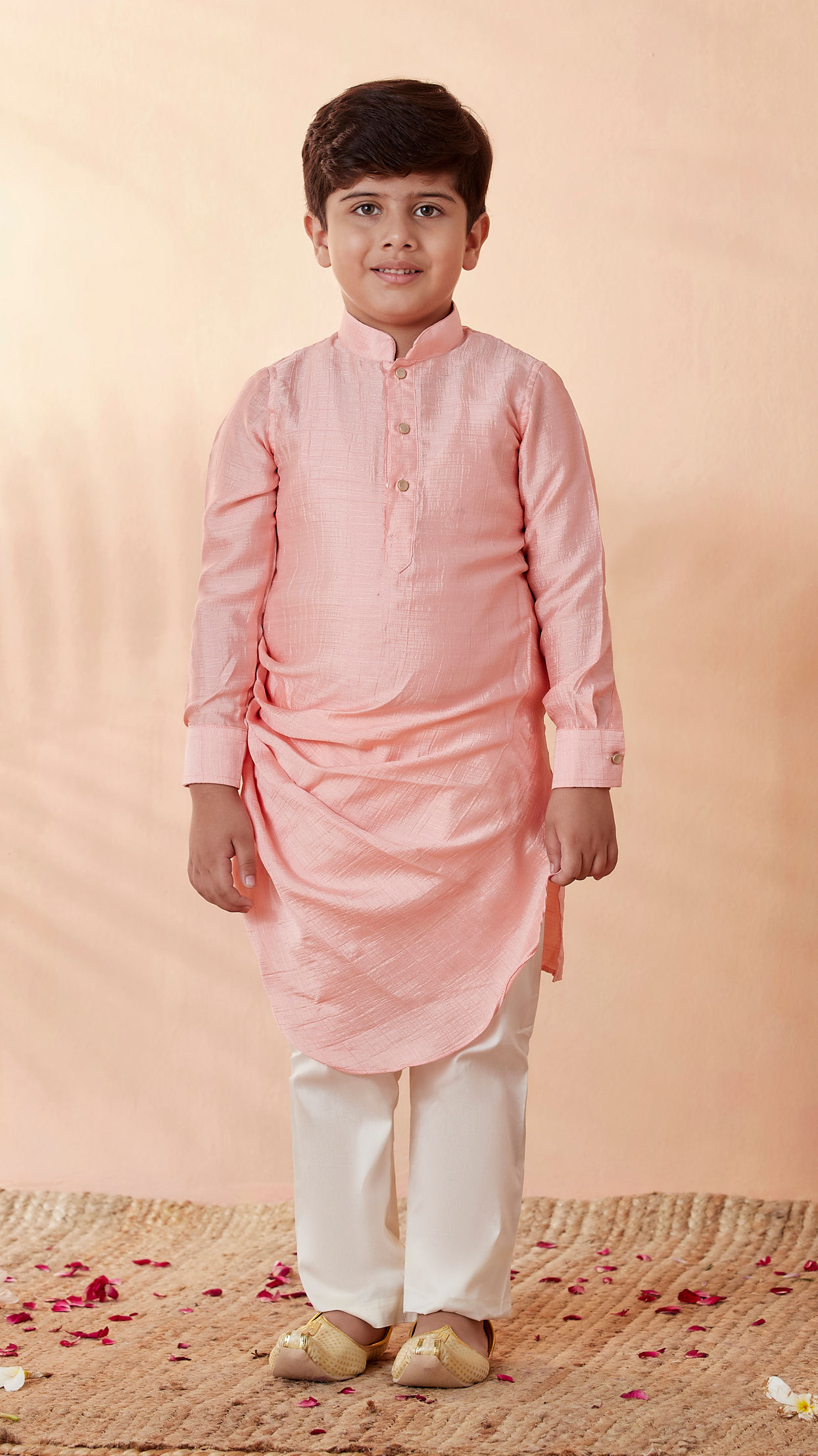 Manyavar Boys Boys Cream Jacket With Peach Kurta Set