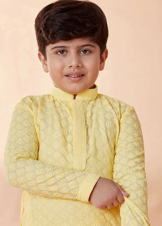 Manyavar Boys Boys Light Yellow Chikan Kurta Set