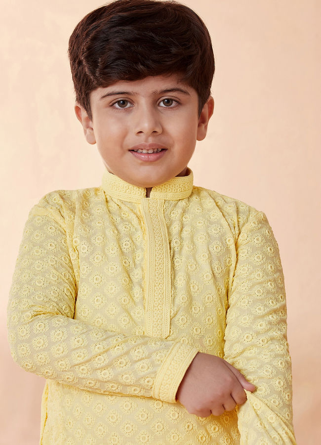 Buy Boys Light Yellow Chikan Kurta Set Online in India Manyavar Kurta Pajama for Boys