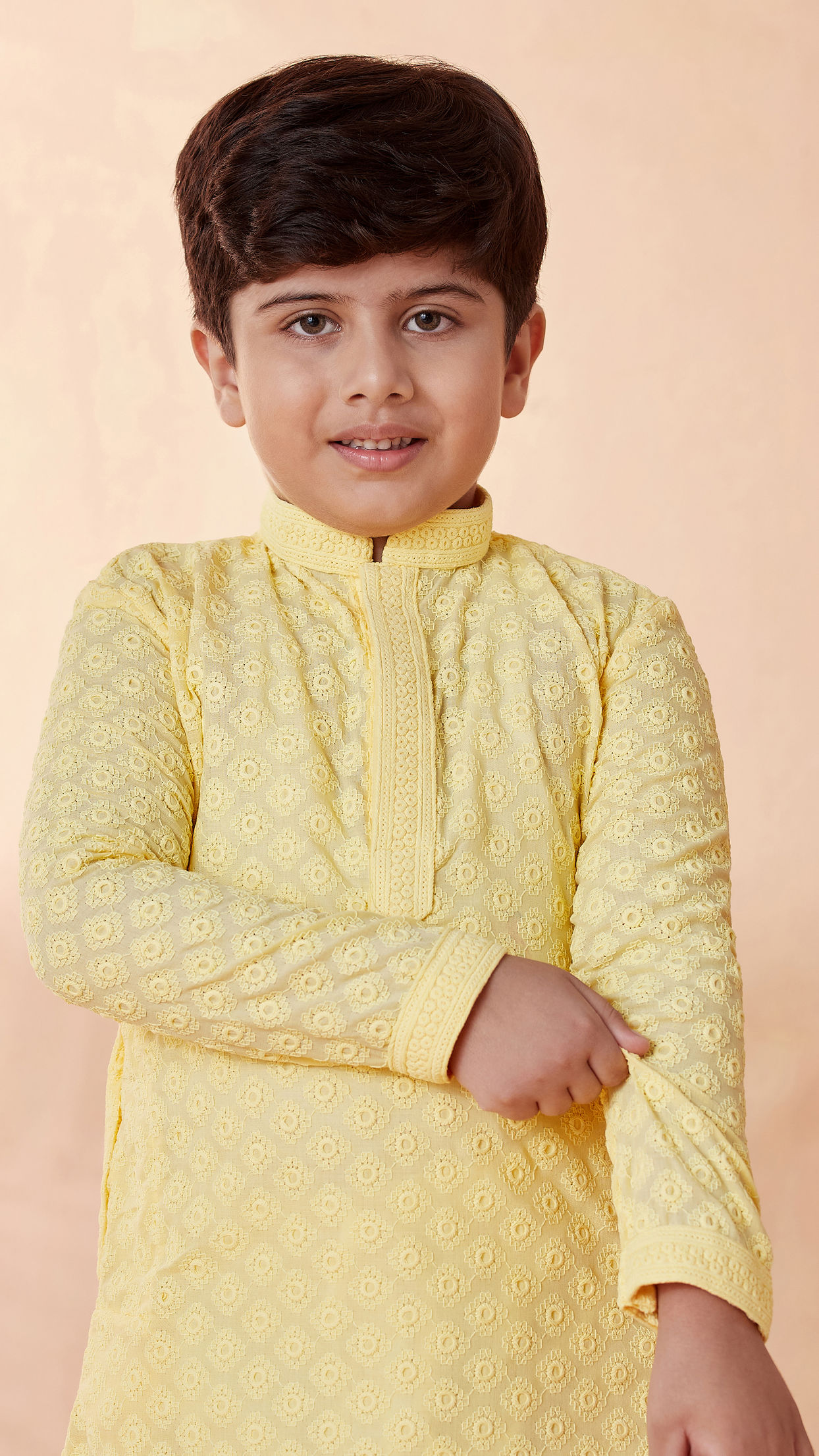 alt message - Manyavar Boys Boys Light Yellow Chikan Kurta Set image number 0