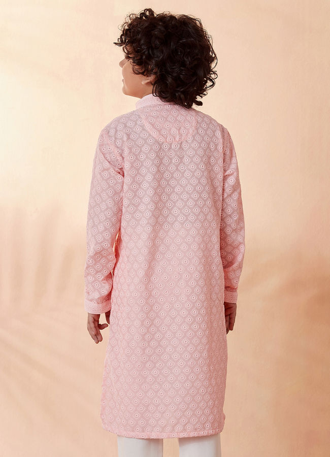 Manyavar Boys Boys Pink Chikan Kurta Set