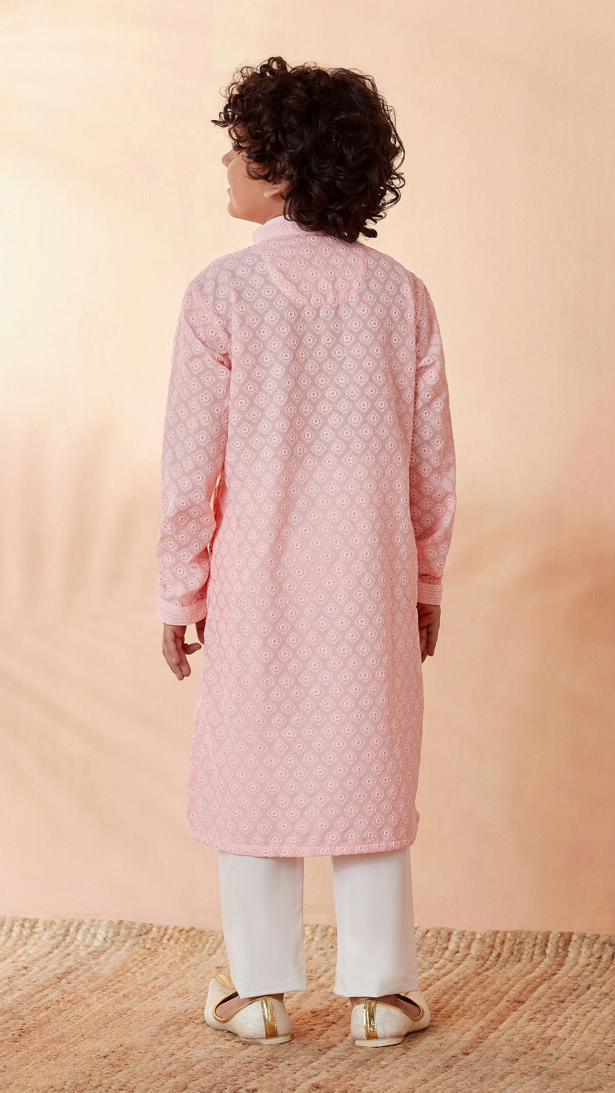 Boys Pink Chikan Kurta Set image number 2