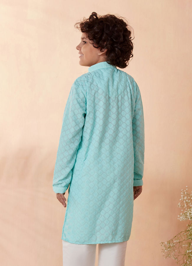 Boys Sea Green Chikan Kurta Set image number 2