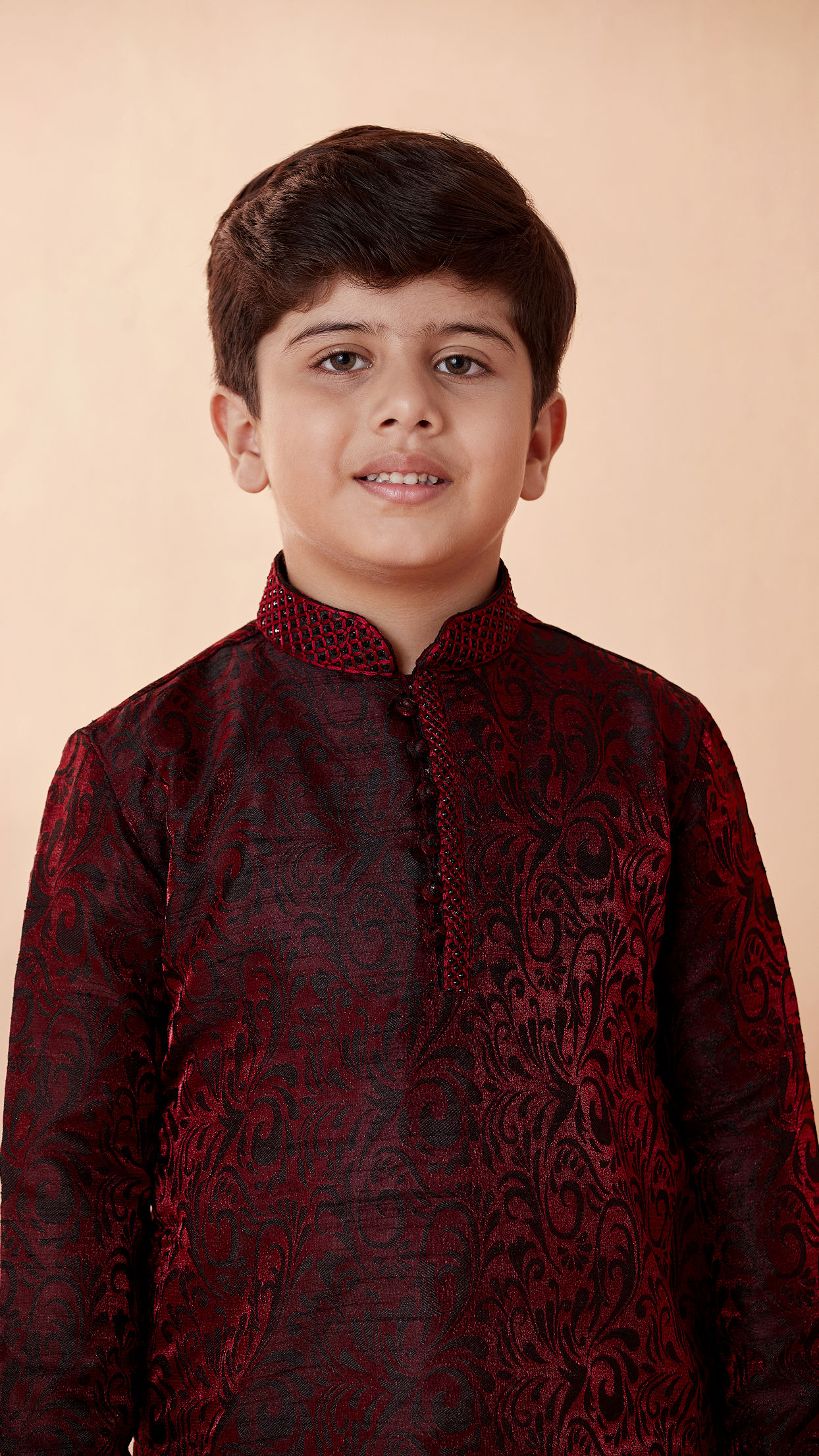 Boys Wine Jacquard Kurta Set image number 0