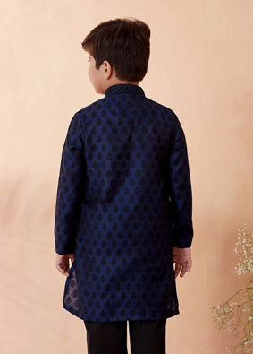 Boys Navy Blue Motif Design Kurta Set image number 2