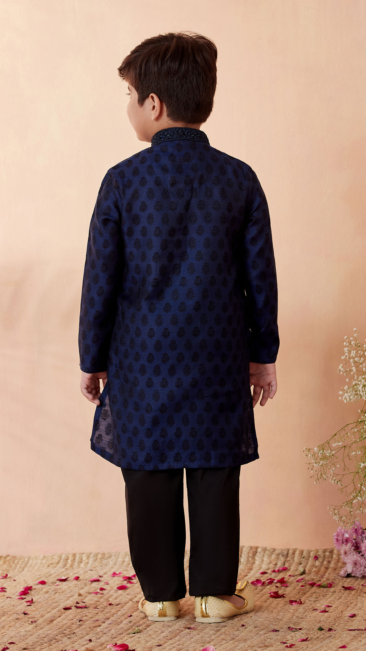 Boys Navy Blue Motif Design Kurta Set image number 2