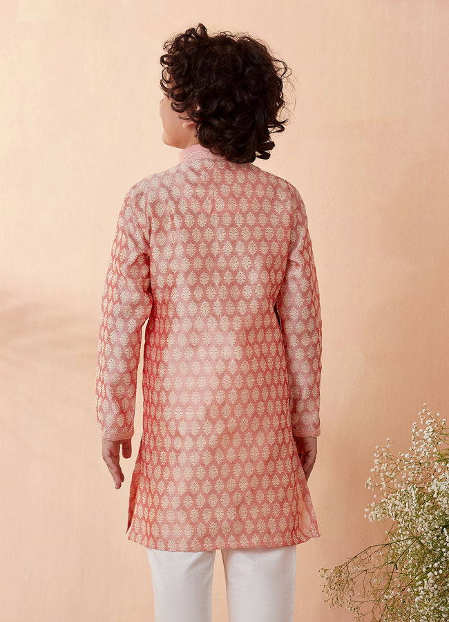 Manyavar Boys Boys Salmon Pink Jacquard Kurta Set