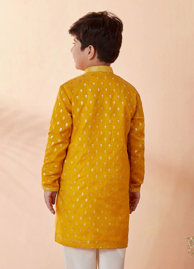 Boys Mustard Orange Jacquard Kurta Set image number 2