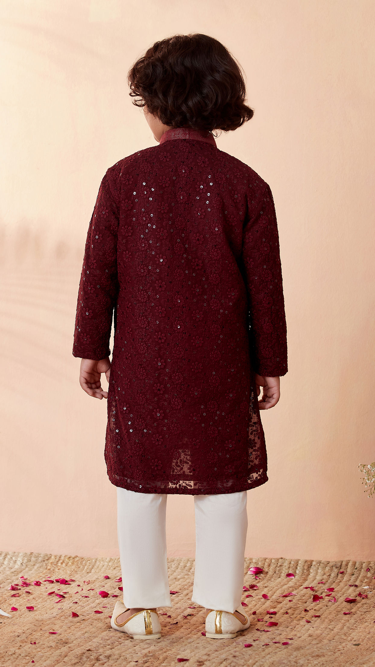 Boys Wine Chikan Kurta Set image number 2