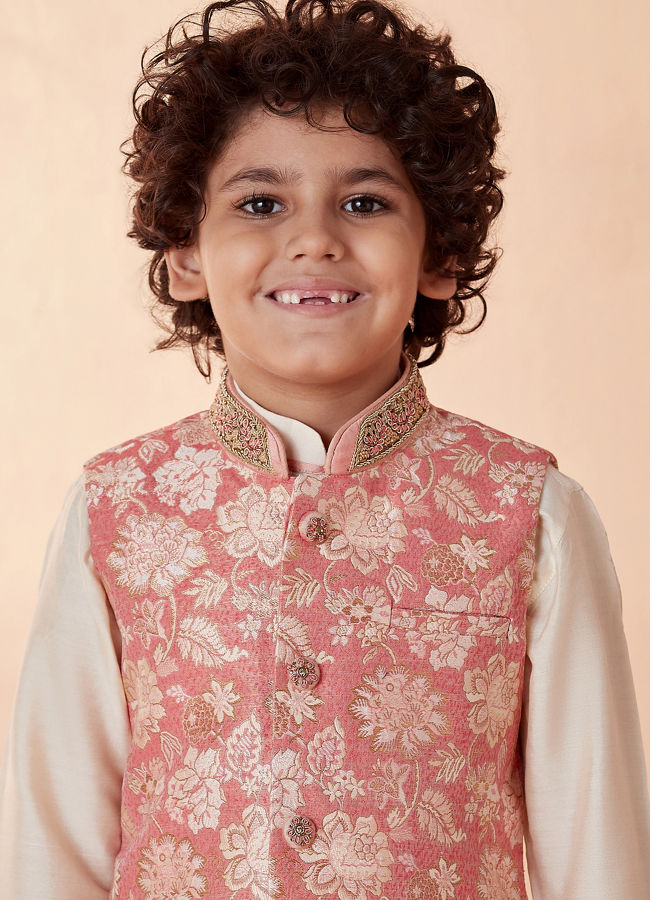 Buy Boys Gajaree Floral Design Kurta Jacket Set Online in India Manyavar Kurta Jacket Set for Boys