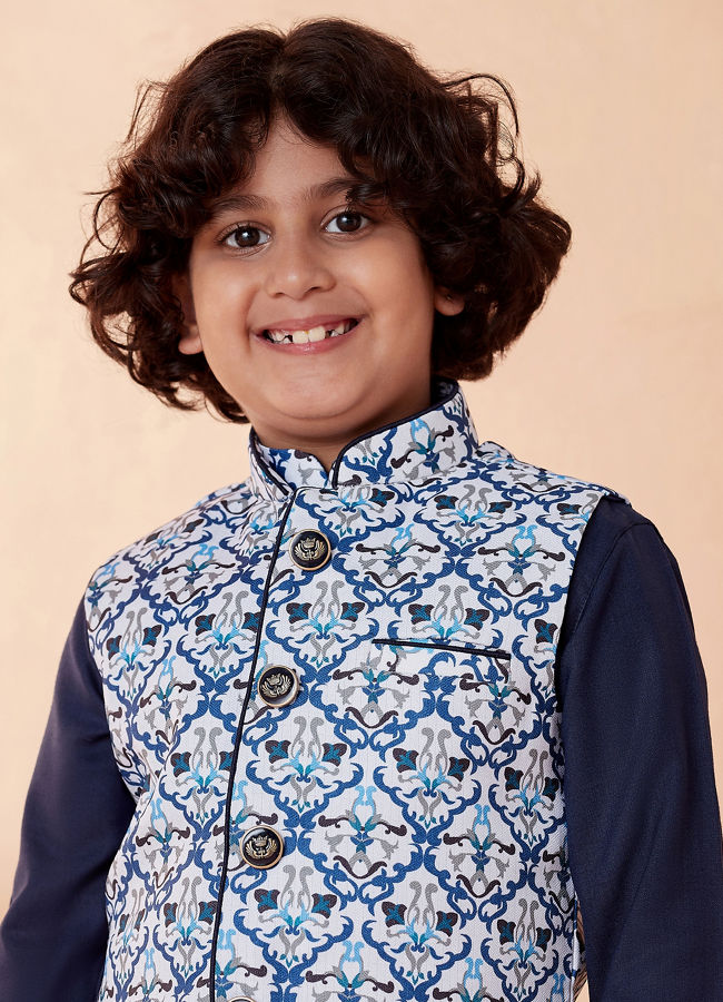 Boys Blue And White Kurta Jacket Set image number 0